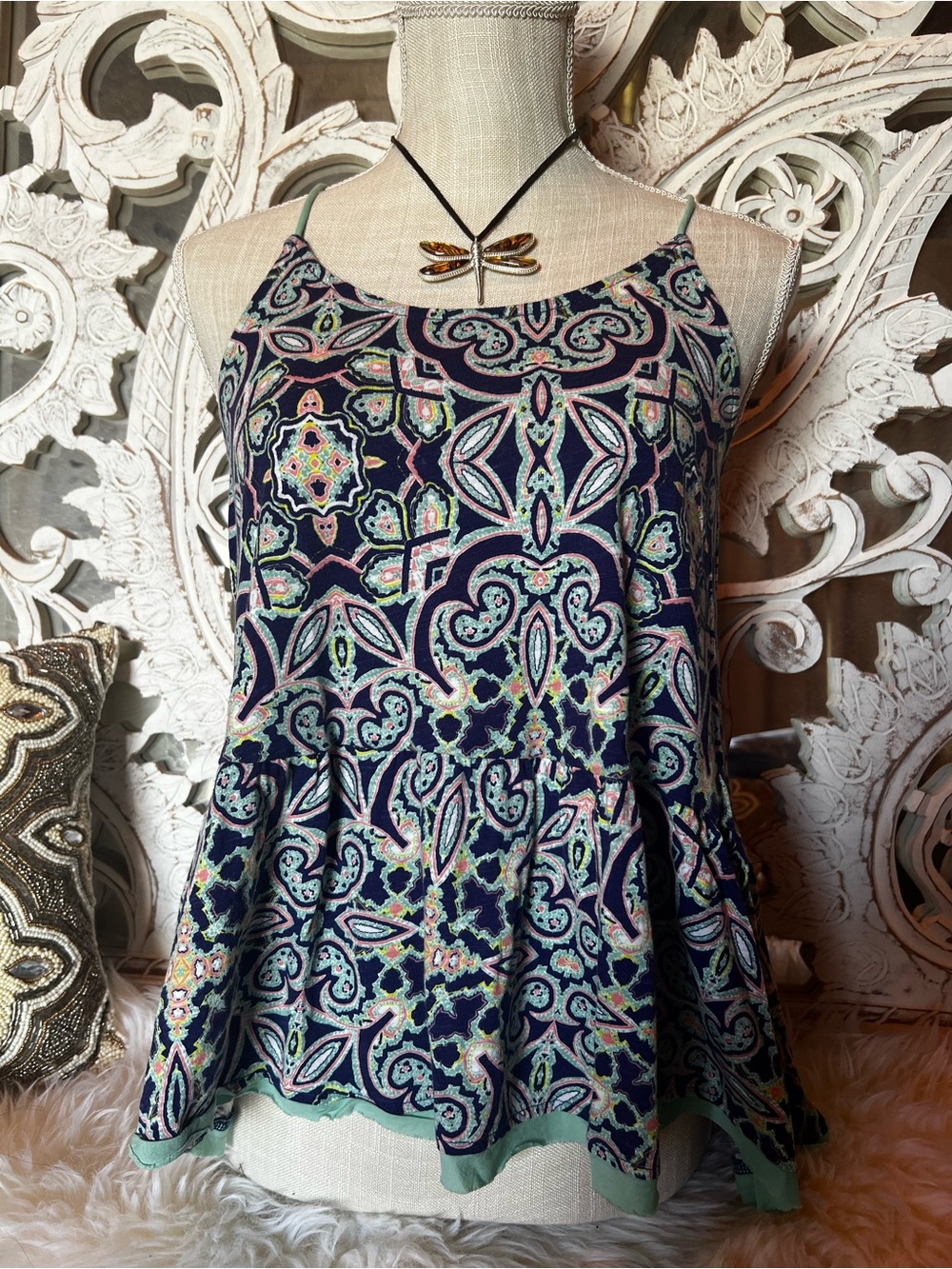 Meadow Rue Navy Multicolor Paisley Spaghetti Strap Tank